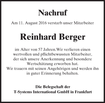 Traueranzeige von Reinhard Berger von  Kreisanzeiger