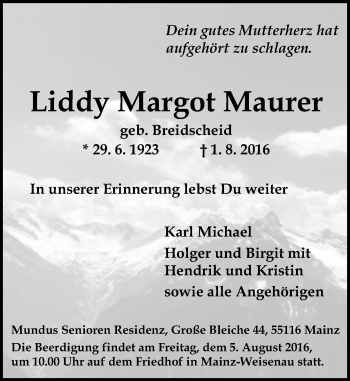 Traueranzeige von Liddy Margot Maurer von Trauerportal Rhein Main Presse