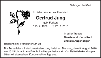 Traueranzeige von Gertrud Jung von Trauerportal Echo Online