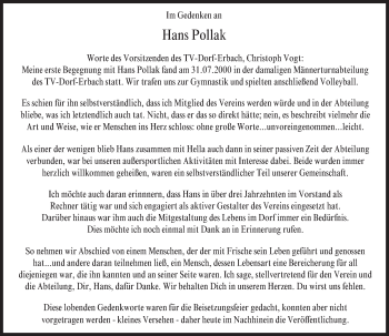 Traueranzeige von Hans Pollak von Trauerportal Echo Online