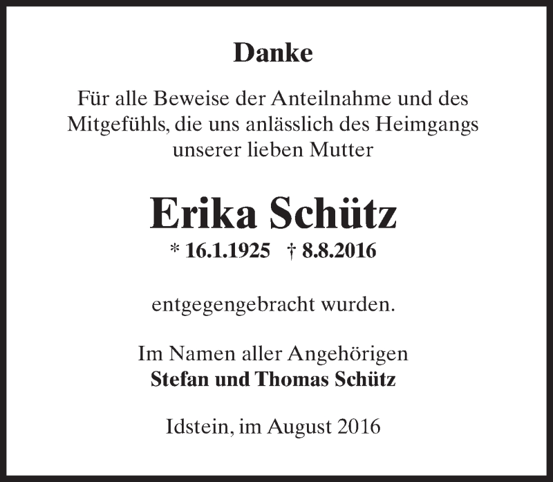  Traueranzeige für Erika Schütz vom 27.08.2016 aus Trauerportal Rhein Main Presse