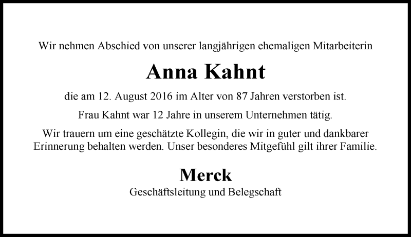  Traueranzeige für Anna Kahnt vom 24.08.2016 aus Trauerportal Echo Online