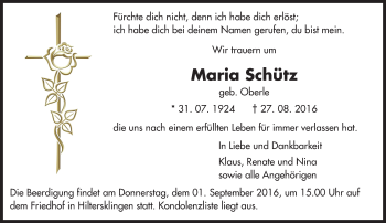 Traueranzeige von Maria Schütz von Trauerportal Echo Online
