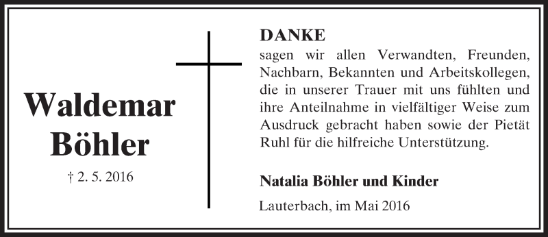  Traueranzeige für Waldemar Böhler vom 21.05.2016 aus VRM Trauer