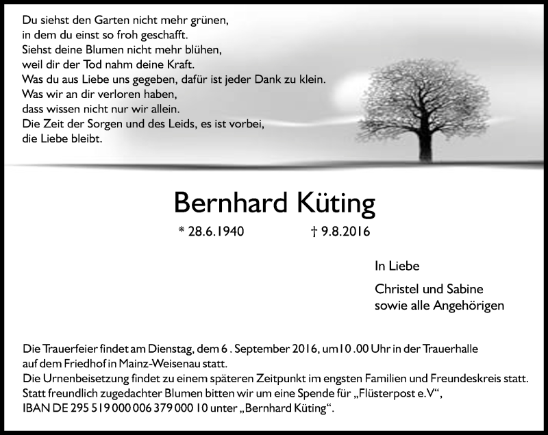  Traueranzeige für Bernhard Küting vom 13.08.2016 aus Trauerportal Rhein Main Presse