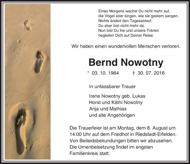  Traueranzeige für Bernd Nowotny vom 06.08.2016 aus Trauerportal Echo Online