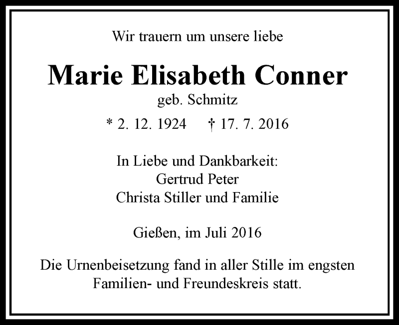  Traueranzeige für Marie Elisabeth Conner vom 03.08.2016 aus  Gießener Anzeiger