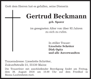 Traueranzeige von Gertrud Beckmann von Trauerportal Rhein Main Presse