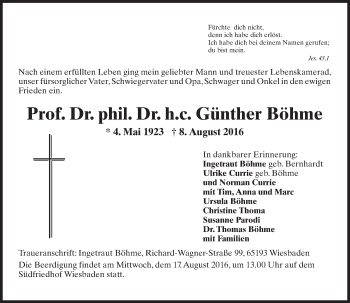 Traueranzeige von Günther Böhme von Trauerportal Rhein Main Presse