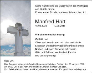 Traueranzeige von Manfred Hart von Trauerportal Rhein Main Presse