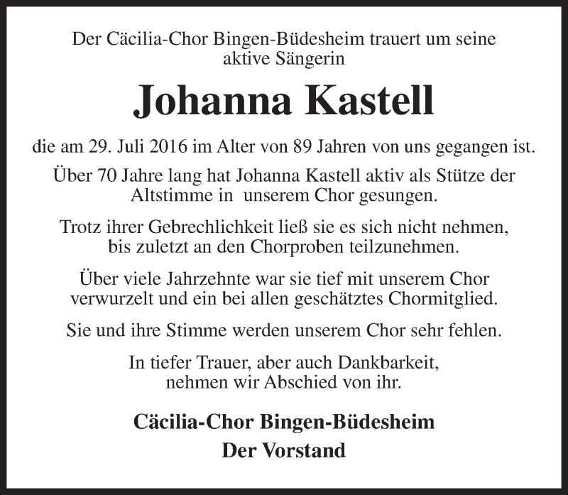  Traueranzeige für Johanna Kastell vom 04.08.2016 aus Trauerportal Rhein Main Presse