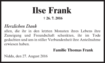 Traueranzeige von Ilse Frank von  Kreisanzeiger
