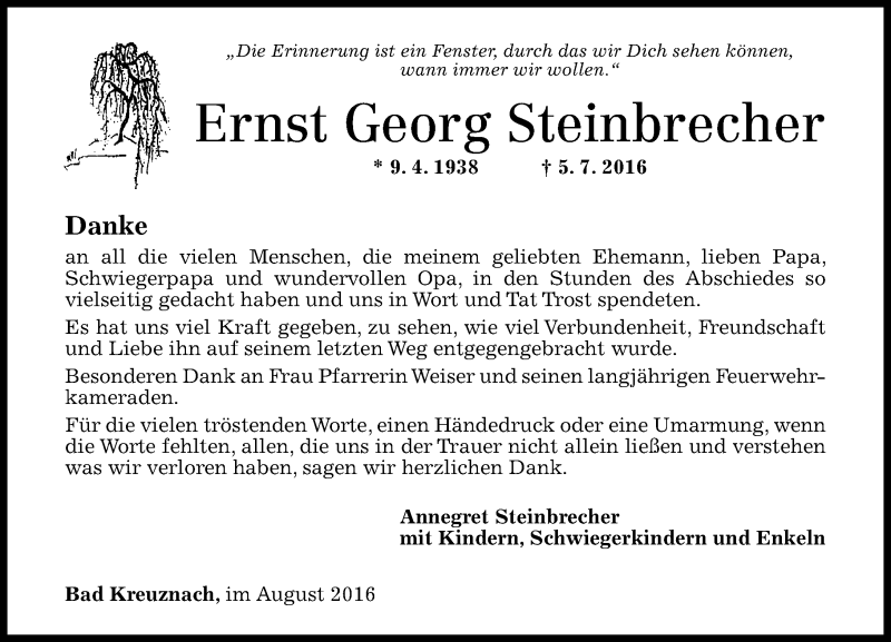  Traueranzeige für Ernst Georg Steinbrecher vom 06.08.2016 aus Trauerportal Rhein Main Presse