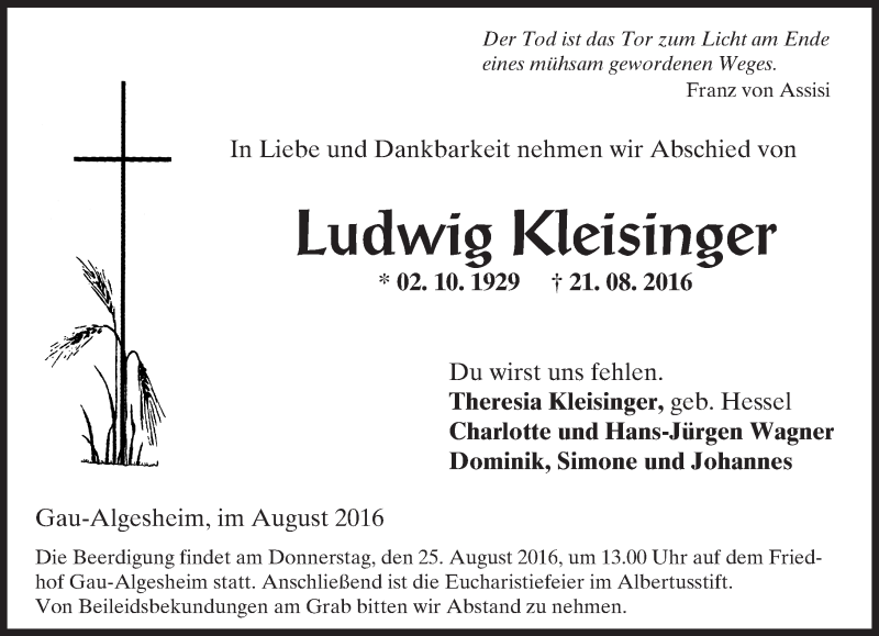  Traueranzeige für Ludwig Kleisinger vom 23.08.2016 aus Trauerportal Rhein Main Presse