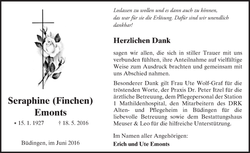  Traueranzeige für Seraphine Finchen vom 18.06.2016 aus  Kreisanzeiger