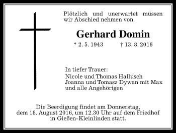 Traueranzeige von Gerhard Domin von  Gießener Anzeiger