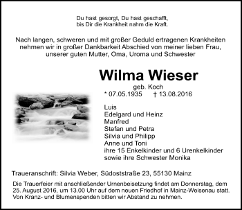 Traueranzeige von Wilma Wieser von Trauerportal Rhein Main Presse