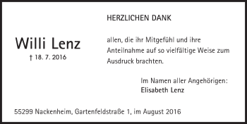 Traueranzeige von Willi Lenz von Trauerportal Rhein Main Presse