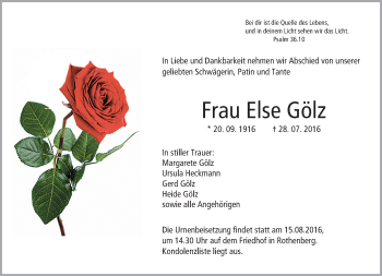 Traueranzeige von Else Gölz von Trauerportal Echo Online