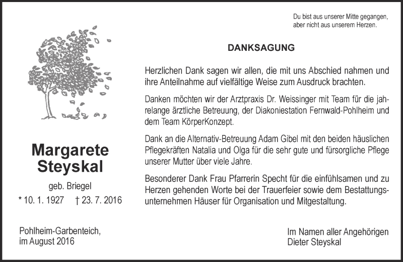  Traueranzeige für Margarete Steyskal vom 27.08.2016 aus  Gießener Anzeiger