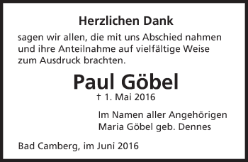 Traueranzeige von Paul Göbel von  Camberger Anzeiger