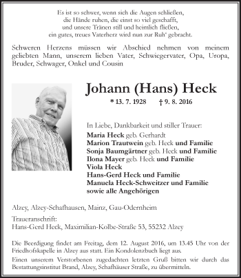 Traueranzeige von Johann  Heck von Trauerportal Rhein Main Presse