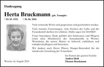Traueranzeige von Herta Bruckmann von Trauerportal Rhein Main Presse