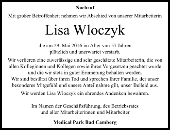 Traueranzeige von Lisa Wloczyk von  Camberger Anzeiger