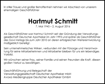 Traueranzeige von Hartmut Schmitt von Trauerportal Rhein Main Presse