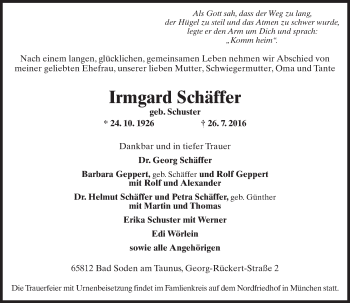 Traueranzeige von Irmgard Schäffer von Trauerportal Rhein Main Presse