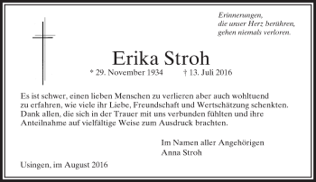 Traueranzeige von Erika Stroh von  Usinger Anzeiger