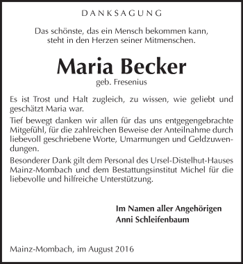 Traueranzeige von Maria Becker von Trauerportal Rhein Main Presse
