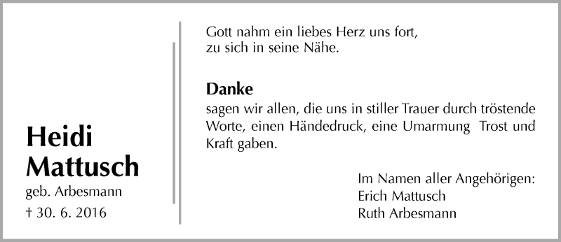  Traueranzeige für Heidi Mattusch vom 06.08.2016 aus  Gießener Anzeiger