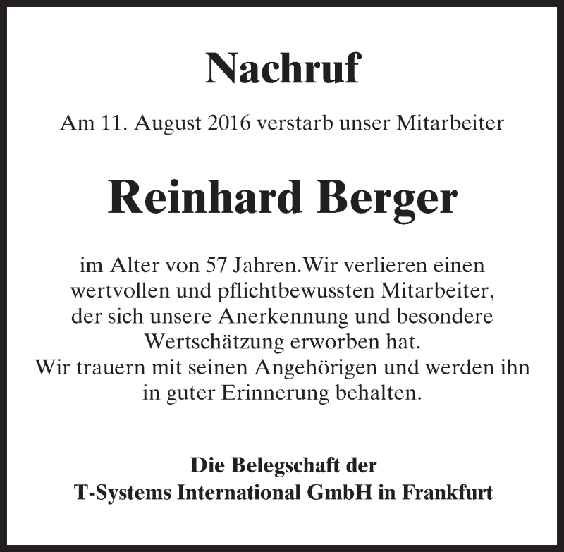  Traueranzeige für Reinhard Berger vom 20.08.2016 aus  Kreisanzeiger