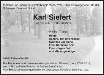 Traueranzeige von Karl Siefert von Trauerportal Echo Online