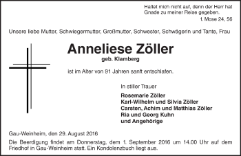 Traueranzeige von Anneliese Zöller von Trauerportal Rhein Main Presse