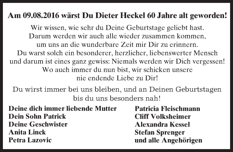  Traueranzeige für Dieter Heckel vom 06.08.2016 aus Trauerportal Rhein Main Presse