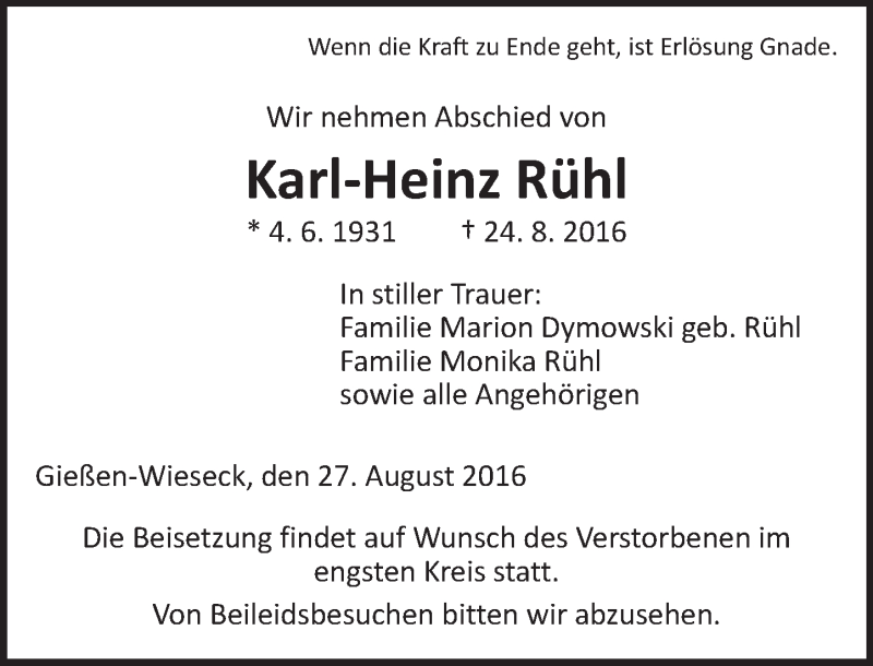  Traueranzeige für Karl-Heinz Rühl vom 27.08.2016 aus  Gießener Anzeiger