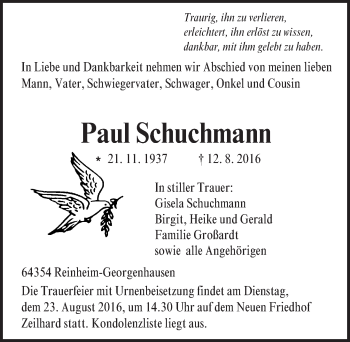 Traueranzeige von Paul Schuchmann von Trauerportal Echo Online