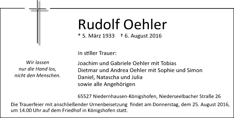  Traueranzeige für Rudolf Oehler vom 20.08.2016 aus Trauerportal Rhein Main Presse