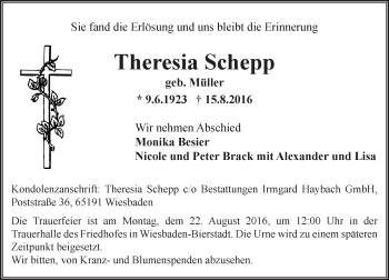Traueranzeige von Theresia Schepp von Trauerportal Rhein Main Presse