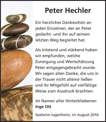 Traueranzeige von Peter Hechler von Trauerportal Echo Online