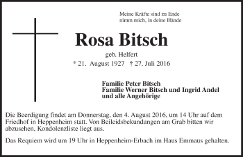 Traueranzeige von Rosa Bitsch von Trauerportal Echo Online