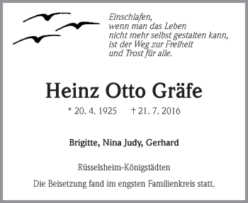 Traueranzeige von Heinz Otto Gräfe von Trauerportal Rhein Main Presse