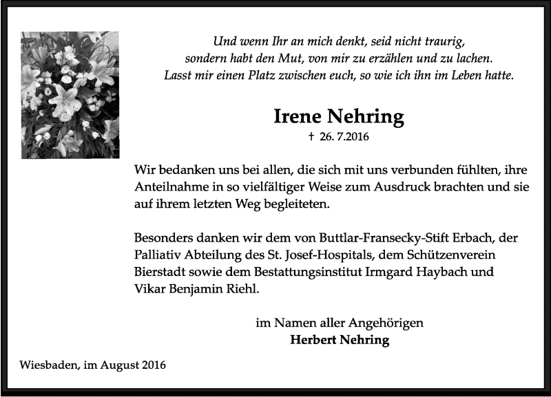  Traueranzeige für Irene Nehring vom 20.08.2016 aus Trauerportal Rhein Main Presse