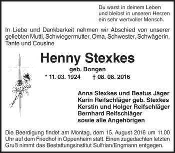 Traueranzeige von Henny Stexkes von Trauerportal Rhein Main Presse