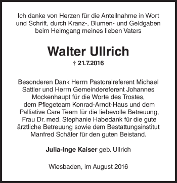Traueranzeige von Walter Ullrich von Trauerportal Rhein Main Presse