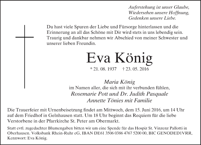  Traueranzeige für Eva König vom 08.06.2016 aus  Gelnhäuser Tageblatt