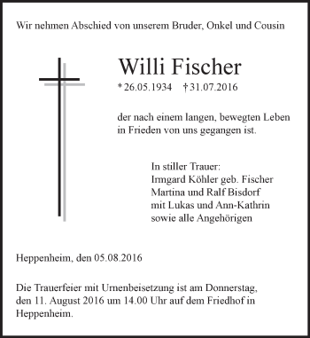 Traueranzeige von Willi Fischer von Trauerportal Echo Online