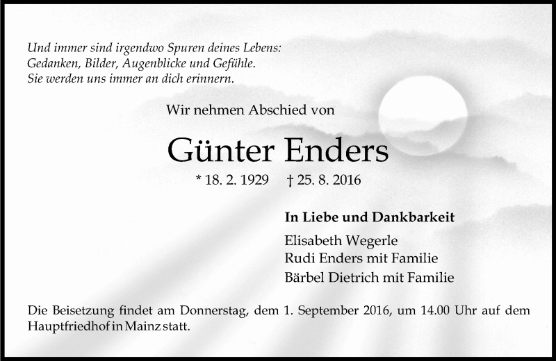  Traueranzeige für Günter Enders vom 31.08.2016 aus Trauerportal Rhein Main Presse
